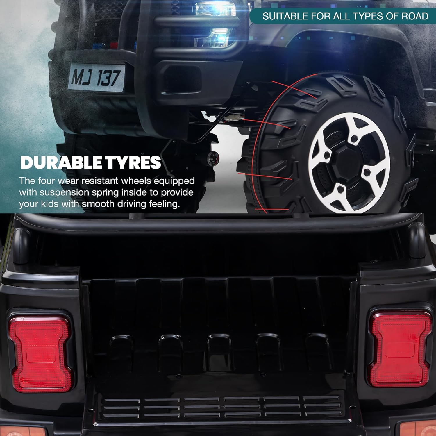 Big baby battery car, a robust black ride-on jeep with functioning headlights, overhead lights, and a realistic design, offering an immersive driving experience for children with www.usmile.toys